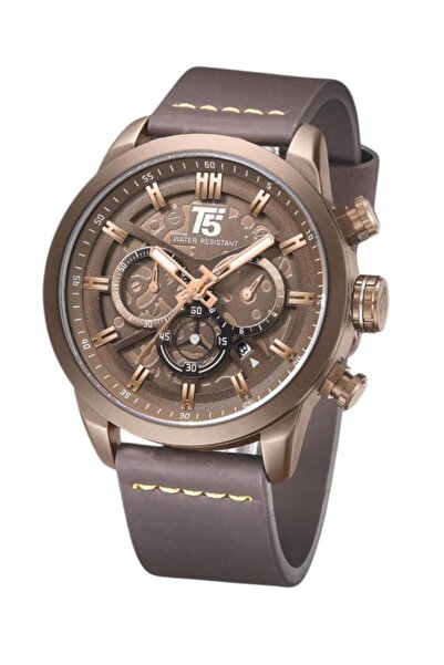 T5 Saat T5 Erkek Kol Saati – Kahverengi Deri Kordon – Kahverengi Kasa – Skeleton Kadran – Multifonksiyonel