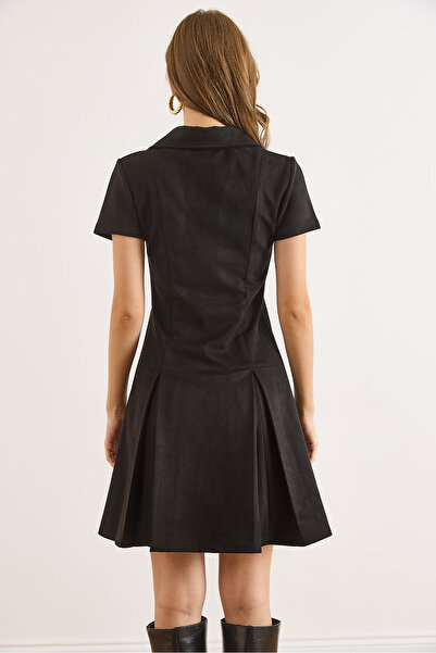 Olalook Kadın Siyah Süet Yakası Gizli Fermuarlı Pileli Mini Elbise ELB-19002542