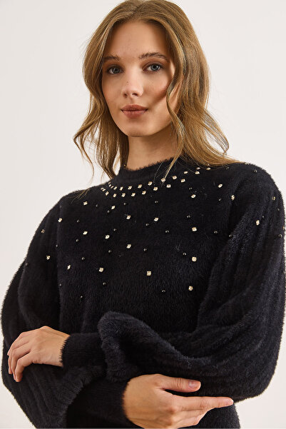 Olalook Pulover cu barbă cu textura moale, cu detalii de piatră neagră pentru femei KZK-19001000