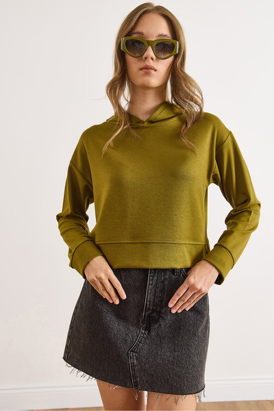 Olalook Kadın Yağ Yeşili Kapüşonlu Yanı Yırtmaçlı Modal Tuşeli Bluz BLZ-19003128