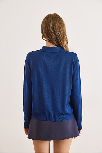 Olalook Women's Navy Blue Baklava Pattern Soft Textured Knitwear Cardigan Hrk-19000415