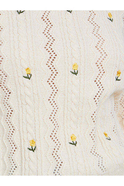 Styli Cream Floral Embroidered Cable Knit Sweater