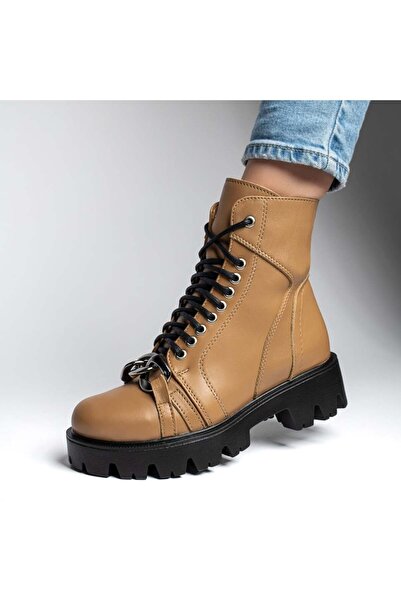 Modlet.ro Ghete de drumeție din piele naturală bej închis pentru femei cu tal...