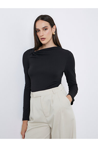 Styli Women Black Asymmetric Neck Fitted Top