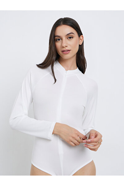 Take Two By Styli White Ribbed Bodysuit with Concealed Zip