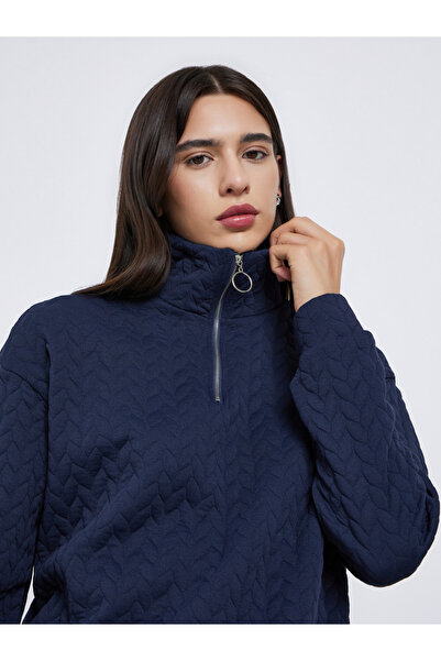 Take Two By Styli Navy Blue Quilted Look Sweatshirt