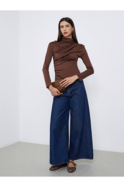 Take Two By Styli Brown High Neck Ruching Detail Long Sleeve Top