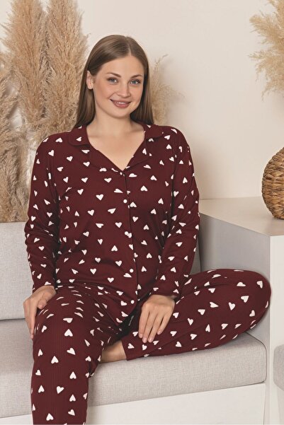 Asel Plus Size Burgundy Heart Pattern Ultrasoft Long Sleeve Pajama Set