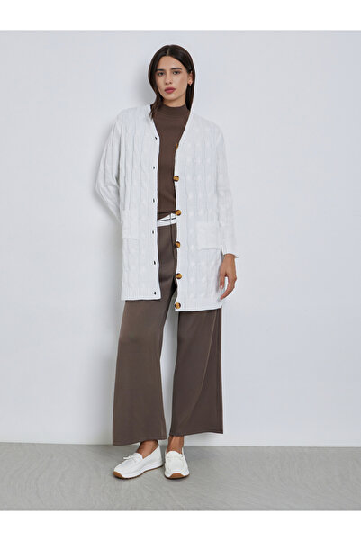 Take Two By Styli Beige Textured Midi Cardigan Sweater