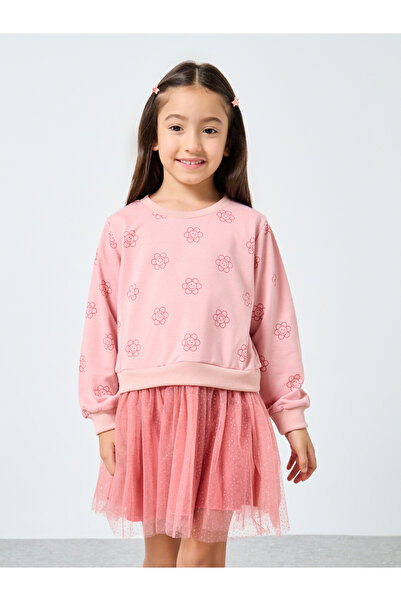 Styli Girls Pink Flower Print Tulle Dress