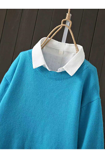 Take Two By Styli Plus Size Blue Solid Round Neck Knit Sweater
