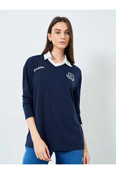 Take Two By Styli Women Navy Printed Polo T-Shirt