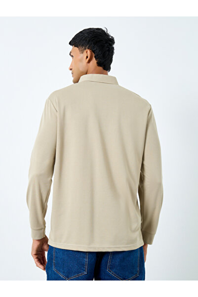 Styli Men Beige Long Sleeve Polo T-Shirt