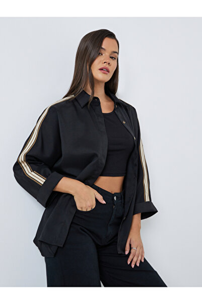 Styli قميص نسائي أسود قصة مريحة بأكمام شريطية