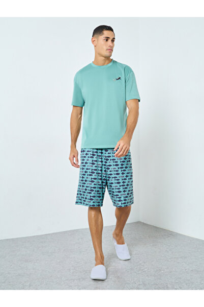 Styli Men Teal Solid T-Shirt and Fish Print Shorts Pyjama Set