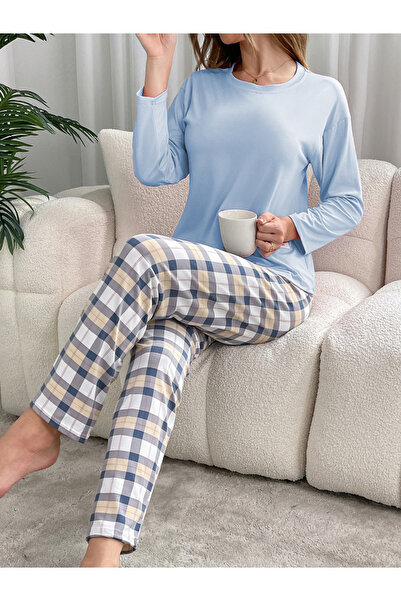 Take Two By Styli Blue Solid T-Shirt and Checked Pyjama Set