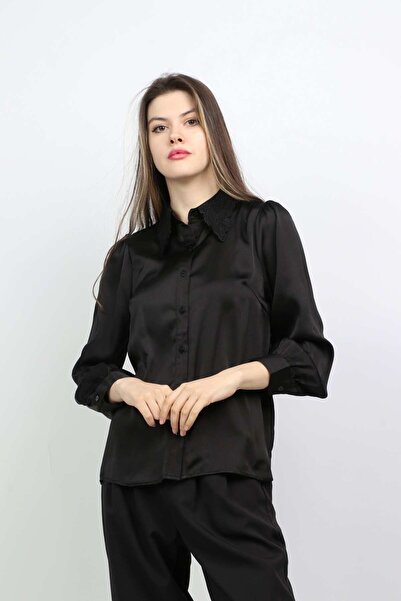 mica Solid Button-Front Shirt with Lace Collar