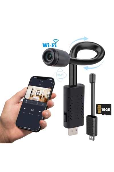 iUni Cameră mini USB A12, Wi-Fi, card Micro SD de 16 GB, vizualizare live pe telefon