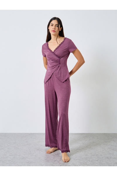 Styli Wrap Button Waist Lace Detail Top and Pyjama Set