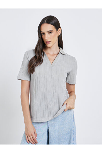 Styli Grey Knitted Relaxed Fit Polo T-Shirt