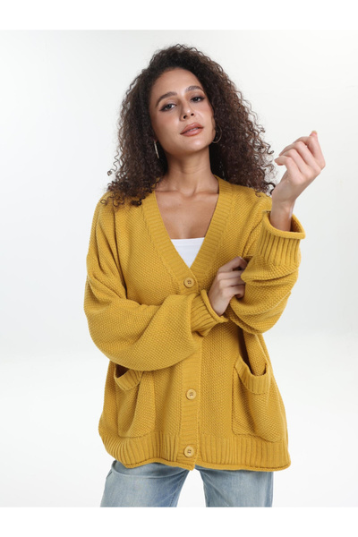 Take Two By Styli Plus Size Mustard Textured Knit Cardigan