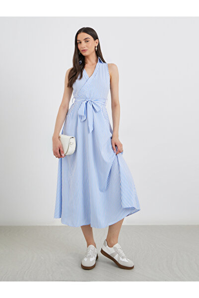 Take Two By Styli Striped Wrap Midi Dress with Waist Tie