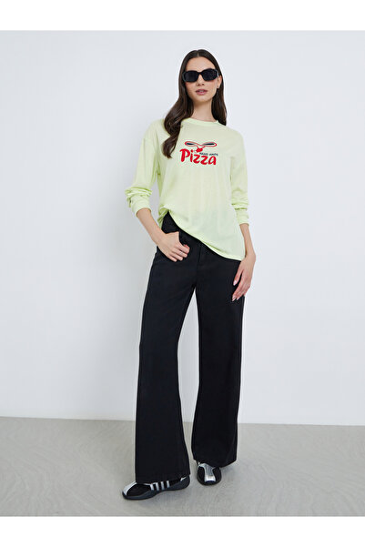 Take Two By Styli Green Embroidered Pizza Slogan T-Shirt