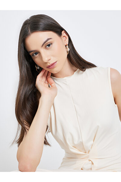 Take Two By Styli Beige Solid Center Front Pleated Midi Dress