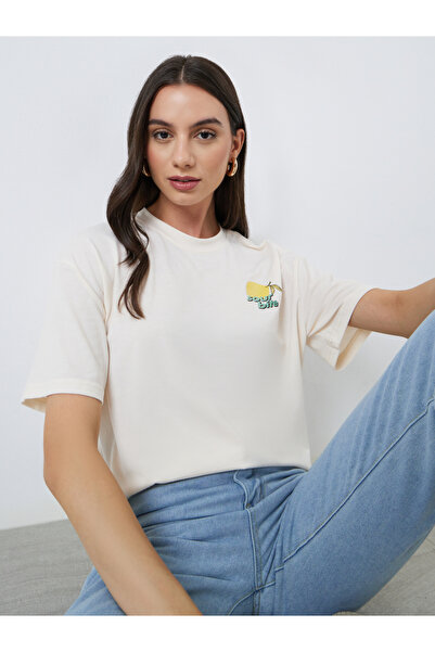 Take Two By Styli Cream Graphic Print Oversized T-Shirt