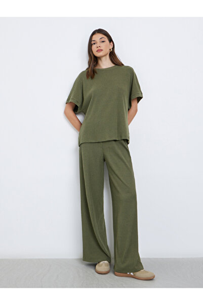 Styli Olive Oversized Ribbed T-Shirt and Pants Co-Ords