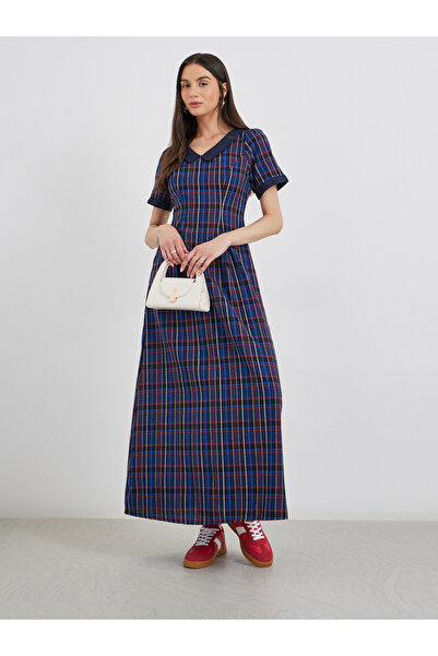 Take Two By Styli Checked Print V-Neck A-Line Maxi Dress