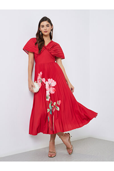 Styli Red Floral Pleated Midi Dress