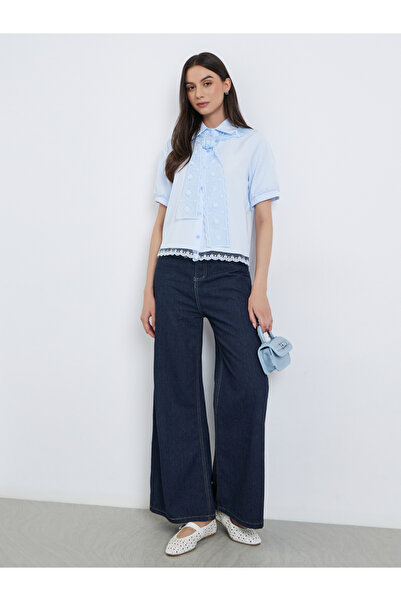 Take Two By Styli Light Blue Lace Trimmed Short Sleeve Shirt