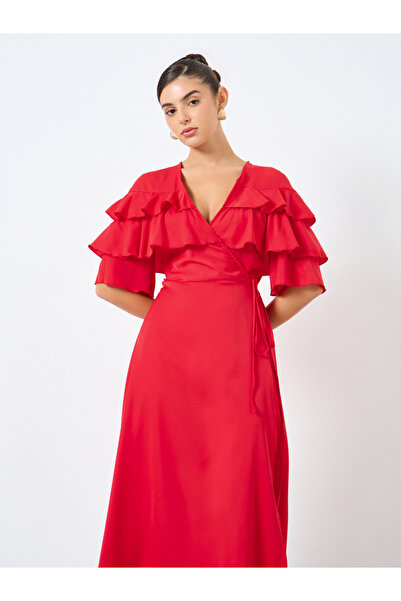 Styli Solid Ruffled Detail Wrap Midi Dress