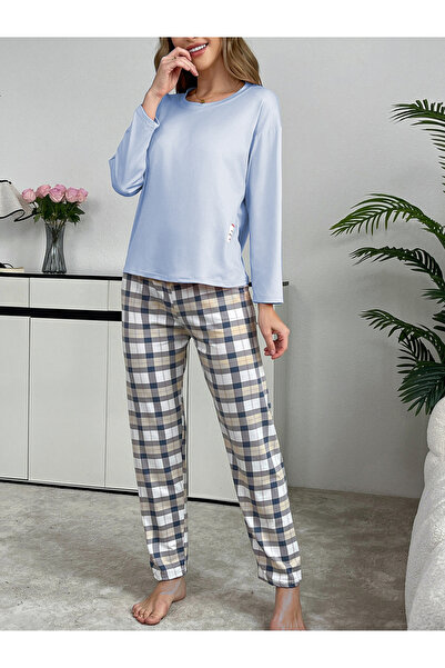 Take Two By Styli Blue Solid T-Shirt and Checked Pyjama Set
