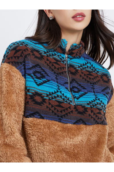 Take Two By Styli Printed Panel Furry Textured Sweatshirt