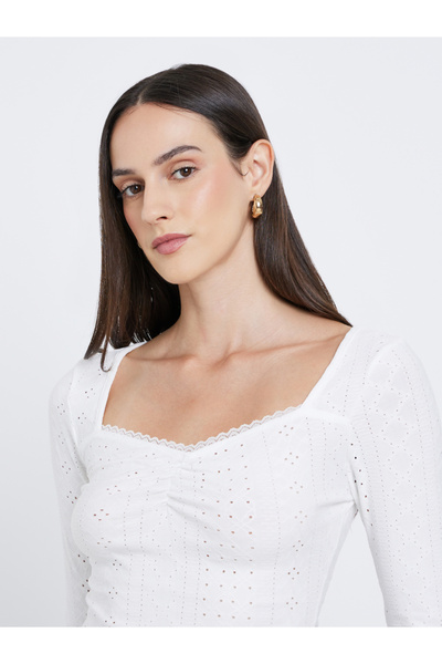 Styli White Eyelet Long Sleeve Top
