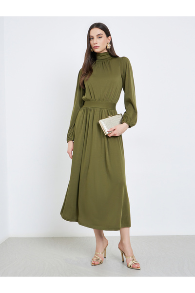 Take Two By Styli Khaki Balloon Sleeve A-Line Midi Dress