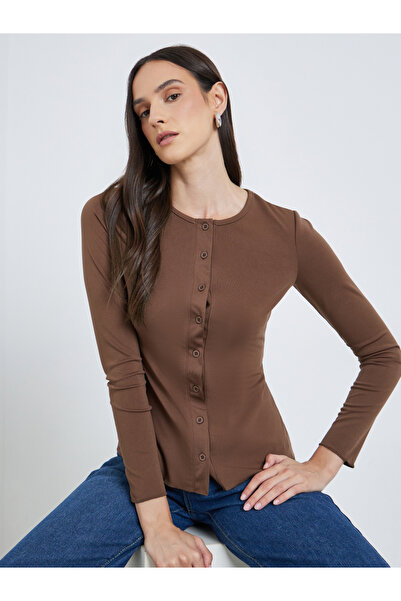 Styli بلوزة نسائية محبوكة بأكمام طويلة باللون البني