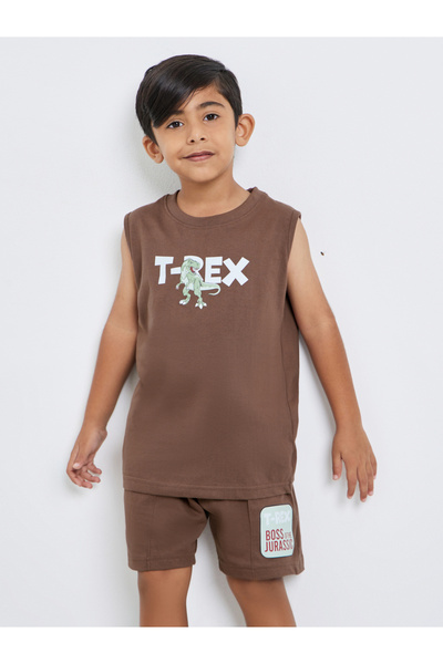 Styli Boys Brown Dinosaur Print Tank and Shorts Set