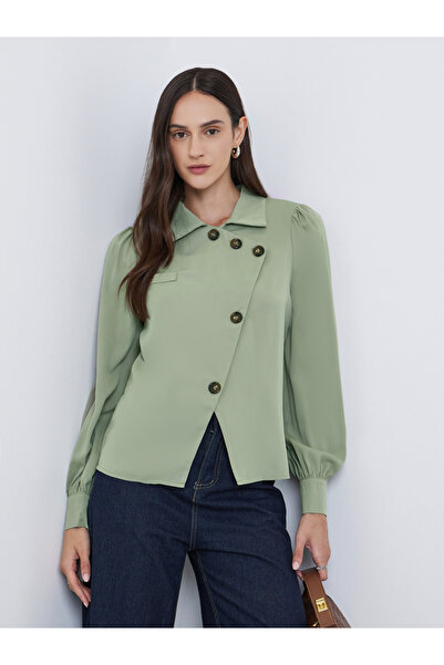 Styli Solid Front Button Balloon Sleeve Blouse
