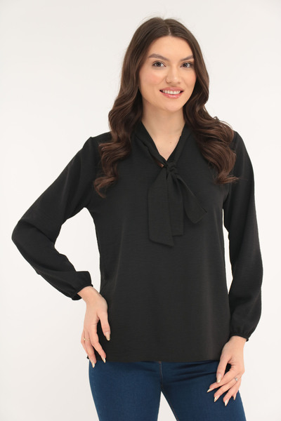 Trend Land Black plain blouse with scarf at the neckline