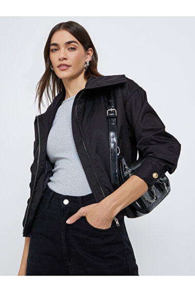 Styli جاكيت بومبر نسائي أسود بقصّة عادية