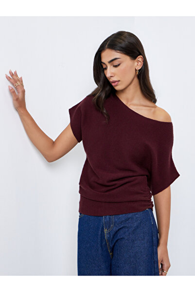 Styli Burgundy Ribbed Knit Batwing Sleeve Top