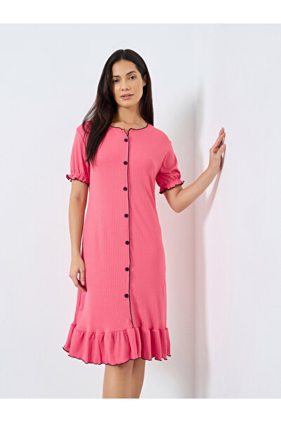 Take Two By Styli Dark Pink Ruffled Short Sleeve Nightdress