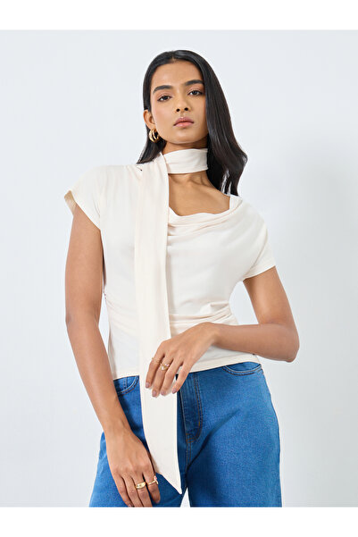 Take Two By Styli Beige Cowl Neck Blouse with Scarf Detail