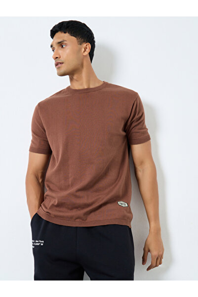 Styli Men Brown Round Neck Flat Knit T-Shirt