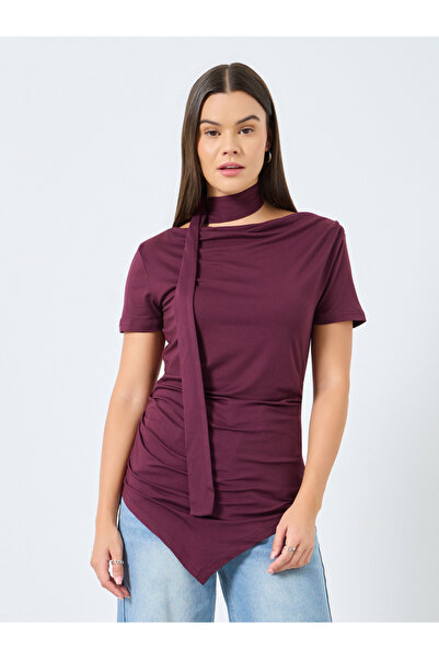Styli Burgundy Knit Top with Tie Neck Detail