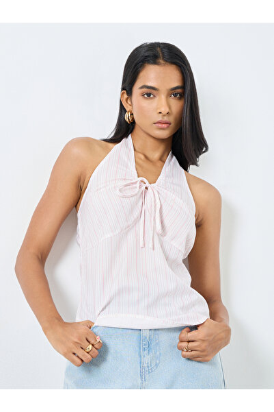 Take Two By Styli Striped Halter Neck Tie Up Detail Top