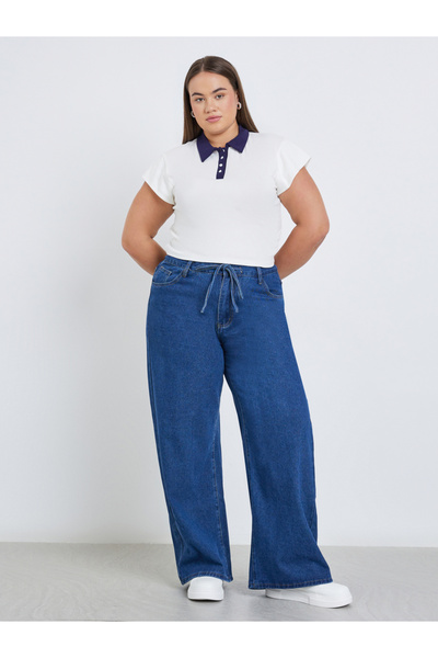 Styli Plus Wide Leg Jeans with Drawstring